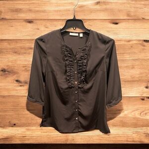 Susan Graver Cool Peach 3/4 Sleeve Blouse with Ruffle Detail Size XS Black NWOT